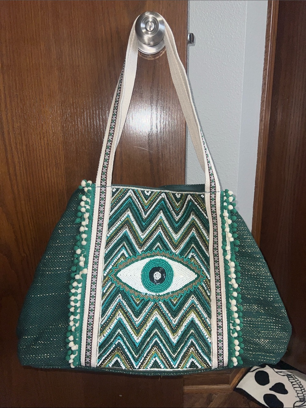 Green Bead Embellished Evil Eye Tote Bag - Picture 3 of 4